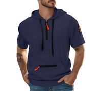 Wmmner Mens Quarter Zip Hooded Shirt Fashion Fall Pullover Tops with Zipper Pocket Trendy Drawsthoodies Shirt Short Sleeve for Men/Marina/L