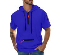 Wmmner Mens Quarter Zip Hooded Shirt Fashion Fall Pullover Tops with Zipper Pocket Trendy Drawsthoodies Shirt Short Sleeve for Men/Azul/L