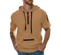 Wmmner Mens Quarter Zip Hooded Shirt Fashion Fall Pullover Tops with Zipper Pocket Trendy Drawsthoodies Shirt Short Sleeve for Men/Caqui/L