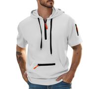 Wmmner Mens Quarter Zip Hooded Shirt Fashion Fall Pullover Tops with Zipper Pocket Trendy Drawsthoodies Shirt Short Sleeve for Men/Blancas/L