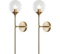 Wmmner Mid Century Modern Wall Light Sconces Set Of 2 Amber Glass Globe Wall Lamps With Long Arm Industrial Gold Wall Lights Fixture Compatible With Bedroom Bedside Stairway Hallway, Hanging Mod/Clear