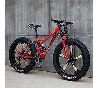 Wmmner Mountain Bike, 26 Inch Fat Tire Bicycle, 27-Speed, High-Carbon Steel Frame, Full Suspension, Dual Disc Brake, 4.0 Inch Thick Wheels For Trail And Beach Riding/Rojo(C)/26 Pulgadas 27 Velocidades