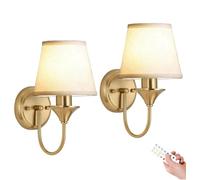Wmmner Reluces de Pared con Batería Cargables 2 Piezas, Apliques Regulables sin Cableado con Blubs Y Pantalla de Tela Blanca, Lámparas de Latón D para Dormitorio Tocador Pasillo Porche Chimenea Pasill
