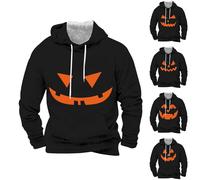 Wmmner Sudadera con Capucha para Halloween para Hombre con Estampado de Calabaza Jack O' Lantern Sudadera con Capucha Y Estampado de Cara de Calabaza con Bolsillo, Manga Larga Y Cuello Vuelto/Negro1/M