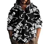 Wmmner Sudaderas con Capucha de Halloween para Hombre, Sudadera con Estampado de Calavera, Camisetas con Capucha de Algodón Y Lino, Camisetas de Manga Larga con Botones/Negro/Xxl