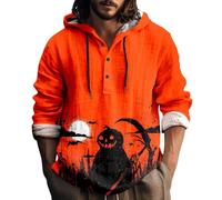 Wmmner Sudaderas con Capucha de Halloween para Hombre, Sudadera con Estampado de Calavera, Camisetas con Capucha de Algodón Y Lino, Camisetas de Manga Larga con Botones/Naranja/M