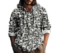 Wmmner Sudaderas con Capucha de Halloween para Hombre, Sudadera con Estampado de Calavera, Camisetas con Capucha de Algodón Y Lino, Camisetas de Manga Larga con Botones/Gris/Xxl