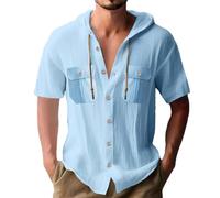 Wmmner Sudaderas con Capucha de Manga Corta para Hombre Camisas de Lino con Capucha Y Bolsillos Dobles Camisetas Hawaianas de Verano para la Playa Camisetas de Moda con Botones/Sudadera con Capucha Az