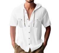 Wmmner Sudaderas con Capucha de Manga Corta para Hombre Camisas de Lino con Capucha Y Bolsillos Dobles Camisetas Hawaianas de Verano para la Playa Camisetas de Moda con Botones/Sudadera con Capucha Y