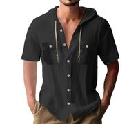 Wmmner Sudaderas con Capucha de Manga Corta para Hombre Camisetas de Lino con Capucha Y Doble Bolsillo Camisetas Hawaianas de Verano Camisetas de Moda con Botones/Sudadera con Capucha Y Camiseta Negra
