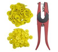 WMYCONGCON - Juego de 100 etiquetas de identificación para ganado con forma redonda 1-100 numeradas con 1 aplicador de alicates para cabras, ovejas, cerdos, perros, ganado, amarillo, etiquetas en blanco