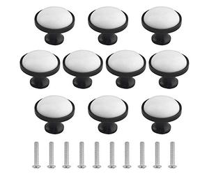 WMYCONGCONG 10 pomos redondos negros para armario de cocina de 33 mm, pomos de cerámica negra y blanca para cajones, tiradores de puerta de armario para oficina en casa
