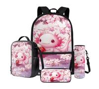 Wnbucioht Juego de mochila escolar para niños y niñas, mochila escolar 4 en 1 con bolsa de almuerzo, estuche para lápices, fundas para botellas de agua, Axolotl de cereza, Mochila para niños