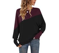 WNEEDU Camisa de Manga Larga para Mujer Cuello Redondo Patchwork Sudadera de Color puños Ajustados Jersey para Mujer Vino Tinto Negro XXL