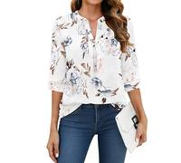 WNEEDU Camiseta de Manga 3/4 Mujer Ceullo Pico Casual Túnica Tops Camisa de Basicas Blusas Larga Flores Blancas XL