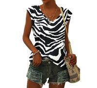 WNEEDU Camiseta Manga Corta Mujer Verano Camiseta sin Mangas Mujer Blusas Sueltas Casuales Mujer M Rayas Zebra