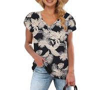 WNEEDU Camiseta Mujer Manga Corta de Pétalo Top Cuello en V Casual Blusas Básico Camisa Hoja Selva Tropical XXL
