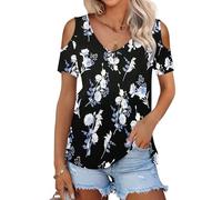WNEEDU Camisetas Manga Corta Mujer Verano Blusas Cuello V Top Elegante Basicas T-Shirt Flores Negras Y Azules M