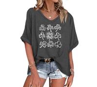 WNEEDU Camisetas Manga Corta Mujer Verano Blusas Mujer tee Shirt Suelto Oversized T Shirt Top Verano Casual Gris Blanco Floral XXL