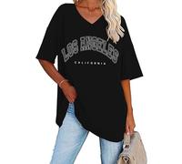 WNEEDU Camisetas Manga Corta Mujer Verano Top Cuello en V Basicas Tshirt Los Ángeles Negros 2XL