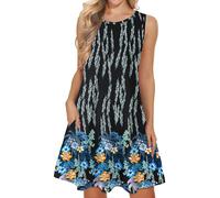 WNEEDU Grande Boho Vestidos de Playa de Verano para Mujer Camiseta de Tanque sin Mangas Vestido de Sol con Bolsillos