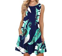 WNEEDU Grande Boho Vestidos de Playa de Verano para Mujer Camiseta de Tanque sin Mangas Vestido de Sol con Bolsillos