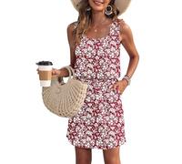 WNEEDU Vestido de Verano de Las Mujeres sin Mangas Tanque Playa encubrimientos U Cuello cordón Vestidos Nuevo Floral Rojo 2XL