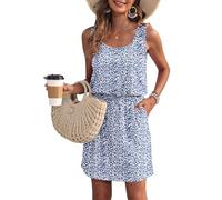 WNEEDU Vestido de Verano de Las Mujeres sin Mangas Tanque Playa encubrimientos U Cuello cordón Vestidos Flor Azul Púrpura XXL