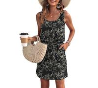 WNEEDU Vestido de Verano de Las Mujeres sin Mangas Tanque Playa encubrimientos U Cuello cordón Vestidos Negro Hoja Oro XL