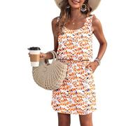 WNEEDU Vestido de Verano de Las Mujeres sin Mangas Tanque Playa encubrimientos U Cuello cordón Vestidos Hoja Naranja S