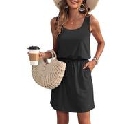 WNEEDU Vestido de Verano de Las Mujeres sin Mangas Tanque Playa encubrimientos U Cuello cordón Vestidos Negro S