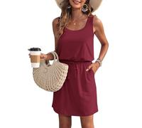 WNEEDU Vestido de Verano de Las Mujeres sin Mangas Tanque Playa encubrimientos U Cuello cordón Vestidos Rojo Vino S