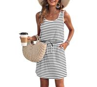 WNEEDU Vestido de Verano de Las Mujeres sin Mangas Tanque Playa encubrimientos U Cuello cordón Vestidos Rayas Negras Blancas XL