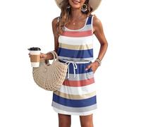 WNEEDU Vestido de Verano de Las Mujeres sin Mangas Tanque Playa encubrimientos U Cuello cordón Vestidos Rayas Azules Y Blancas M