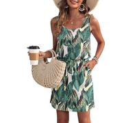 WNEEDU Vestido de Verano de Las Mujeres sin Mangas Tanque Playa encubrimientos U Cuello cordón Vestidos Impresión Hojas M
