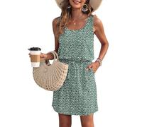 WNEEDU Vestido de Verano de Las Mujeres sin Mangas Tanque Playa encubrimientos U Cuello cordón Vestidos Mancha Verde L