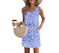 WNEEDU Vestido de Verano de Las Mujeres sin Mangas Tanque Playa encubrimientos U Cuello cordón Vestidos Flores Blancas Azul M