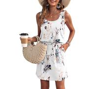 WNEEDU Vestido de Verano de Las Mujeres sin Mangas Tanque Playa encubrimientos U Cuello cordón Vestidos Floral Blanco S