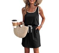 WNEEDU Vestido de Verano de Las Mujeres sin Mangas Tanque Playa encubrimientos U Cuello cordón Vestidos Negro Blanco XXL