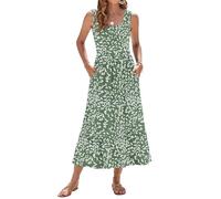 WNEEDU Vestido de Verano para Mujer Vestido Largo sin Mangas con Cintura Imperio Vestidos playeros aireados con Escote en U y Bolsillos para mujerHojas de Olivo 2XL