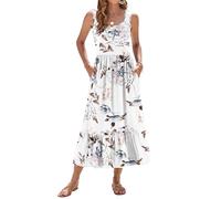 WNEEDU Vestido de Verano para Mujer Vestido Largo sin Mangas con Cintura Imperio Vestidos playeros aireados con Escote en U y Bolsillos para Mujer Flor Blanca S