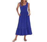 WNEEDU Vestido de Verano para Mujer Vestido Largo sin Mangas con Cintura Imperio Vestidos playeros aireados con Escote en U y Bolsillos para Mujer Azul Real S