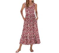 WNEEDU Vestido de Verano para Mujer Vestido Largo sin Mangas con Cintura Imperio Vestidos playeros aireados con Escote en U y Bolsillos para Mujer Flor roja XL