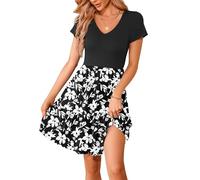 WNEEDU Vestido de Verano para Mujeres con Cuello en V, Manga Corta, Ruched Hem, Casual con Bolsillos Tipo T Shirt