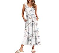 WNEEDU Vestido Largo Sin Mangas Mujer Vestidos Verano para Playa Informal con Cuello en V y Bolsillos Hojas De Color Blanco Floral XXL