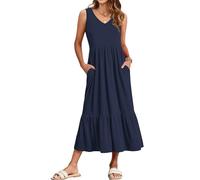 WNEEDU Vestido Largo Sin Mangas Mujer Vestidos Verano para Playa Informal con Cuello en V y Bolsillos Azul Marino XXL