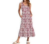 WNEEDU Vestido Largo Sin Mangas Mujer Vestidos Verano para Playa Informal con Cuello en V y Bolsillos Rojo Floral XL