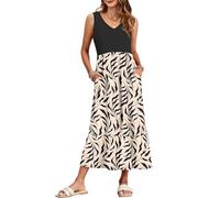 WNEEDU Vestido Largo Sin Mangas Mujer Vestidos Verano para Playa Informal con Cuello en V y Bolsillos Hojas De Color Hoja Negra de Albaricoque L