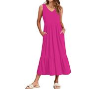 WNEEDU Vestido Largo Sin Mangas Mujer Vestidos Verano para Playa Informal con Cuello en V y Bolsillos Rosa Roja M