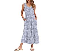 WNEEDU Vestido Largo Sin Mangas Mujer Vestidos Verano para Playa Informal con Cuello en V y Bolsillos Florales Azules XXL